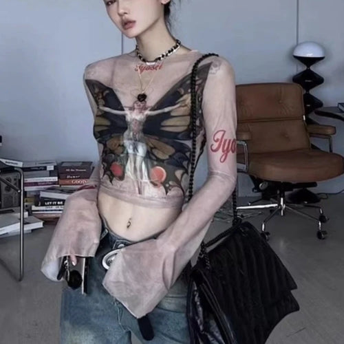 Load image into Gallery viewer, Personality Butterfly Print Long Sleeve T-Shirt See Through Fashion Y2k Aesthetic Slim Crop Top Vintage Sexy Gauze Harajuku Tees
