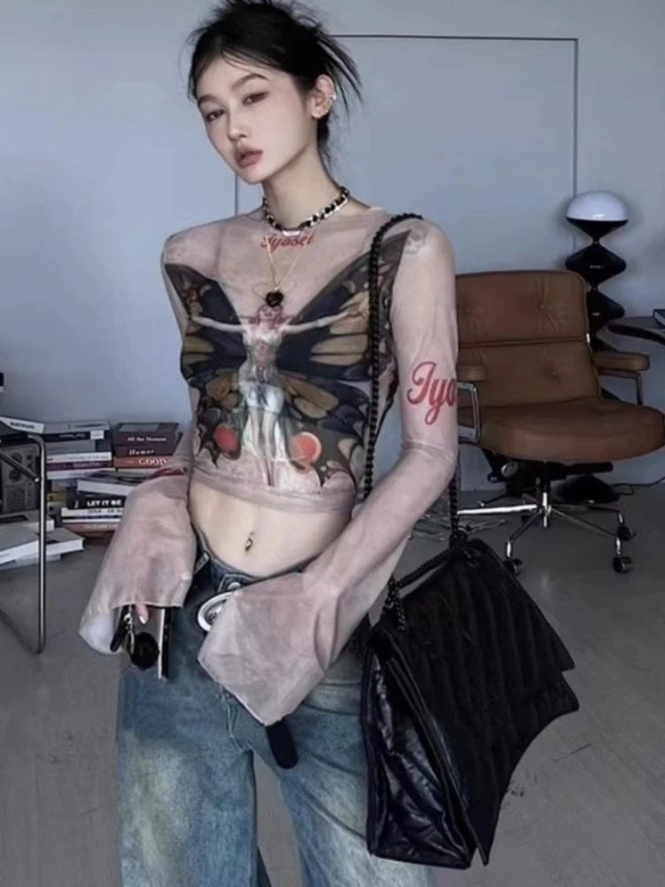 Personality Butterfly Print Long Sleeve T-Shirt See Through Fashion Y2k Aesthetic Slim Crop Top Vintage Sexy Gauze Harajuku Tees