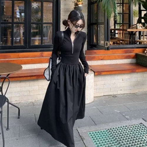 Load image into Gallery viewer, Autumn Korean Style Zip White Dress Women Kpop Wrap Long Sleeve Long Dresses Streetwear Solid Simple Ladies Chic
