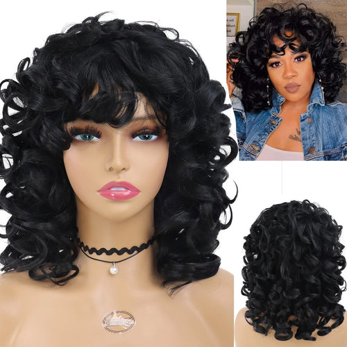 Load image into Gallery viewer, Synthetic Black Women Wig Short Curly Afro Wig With Bangs Soft Fluffy Curls Big Wave Shoulder African American Wig Curl
