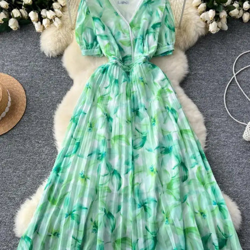 Load image into Gallery viewer, French Retro Romantic Women's Elegant Print V-neck Short Sleeved Pleated Long Dress Summer Vacation Party Evening Dress Bohemian
