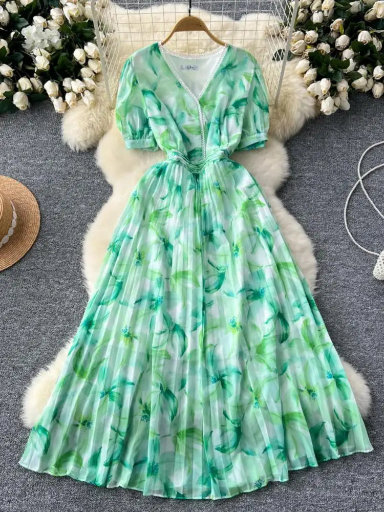 French Retro Romantic Women's Elegant Print V-neck Short Sleeved Pleated Long Dress Summer Vacation Party Evening Dress Bohemian