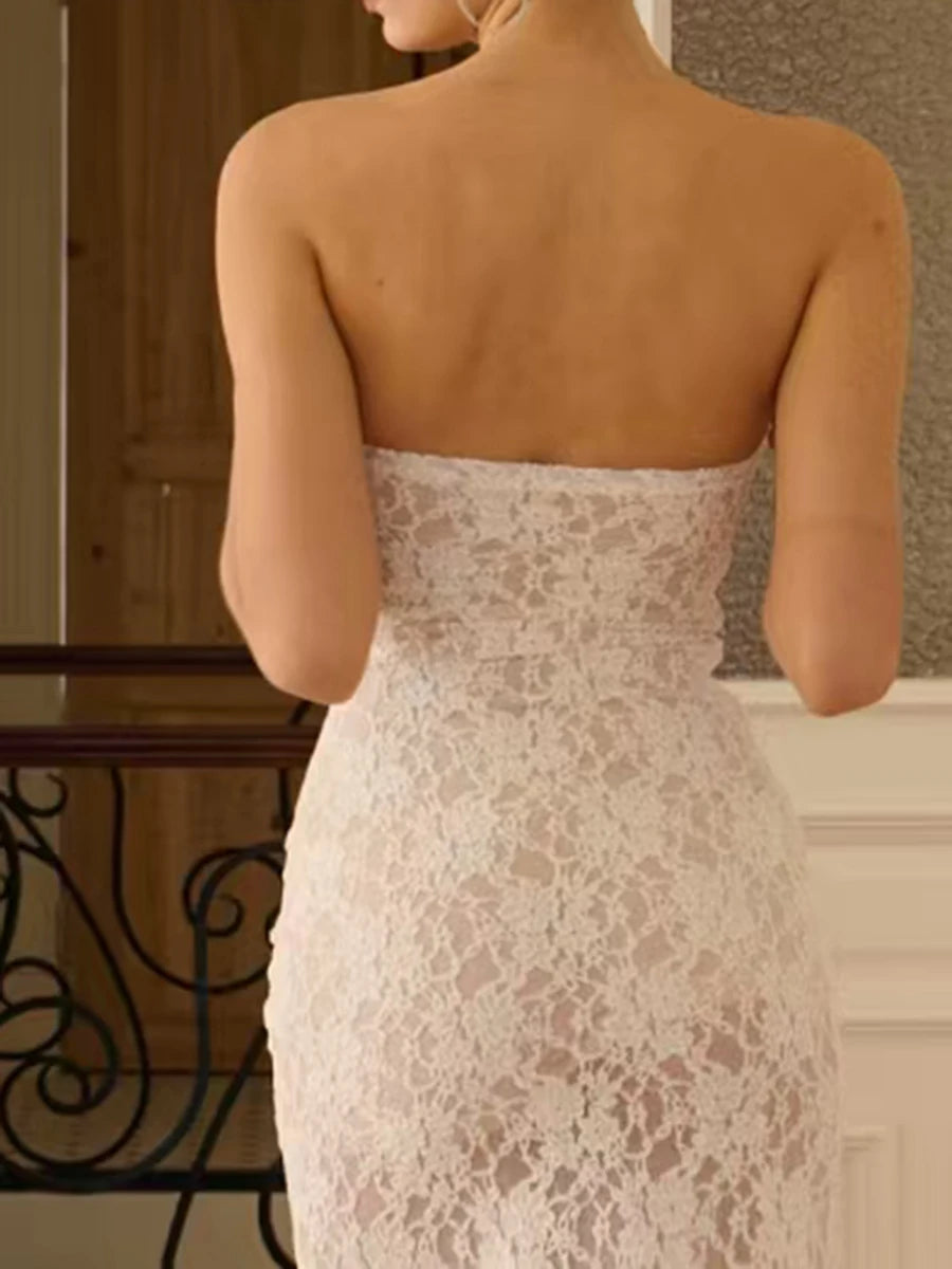 Solid Spliced Lace Up Slimming Dresses For Women Strapless Sleeveless High Wist Temperament Long Dress Female New