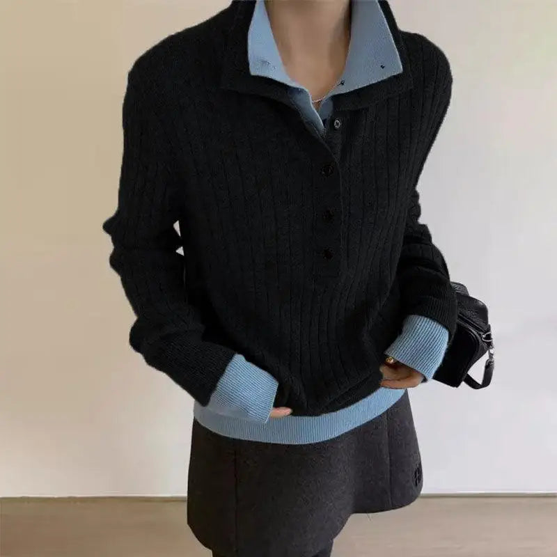 Autumn Winter Black Patchwork Long Sleeve Knit Pullovers Tops Vintage Women Grey Single Breasted Sweater Trend Streetwear Casual