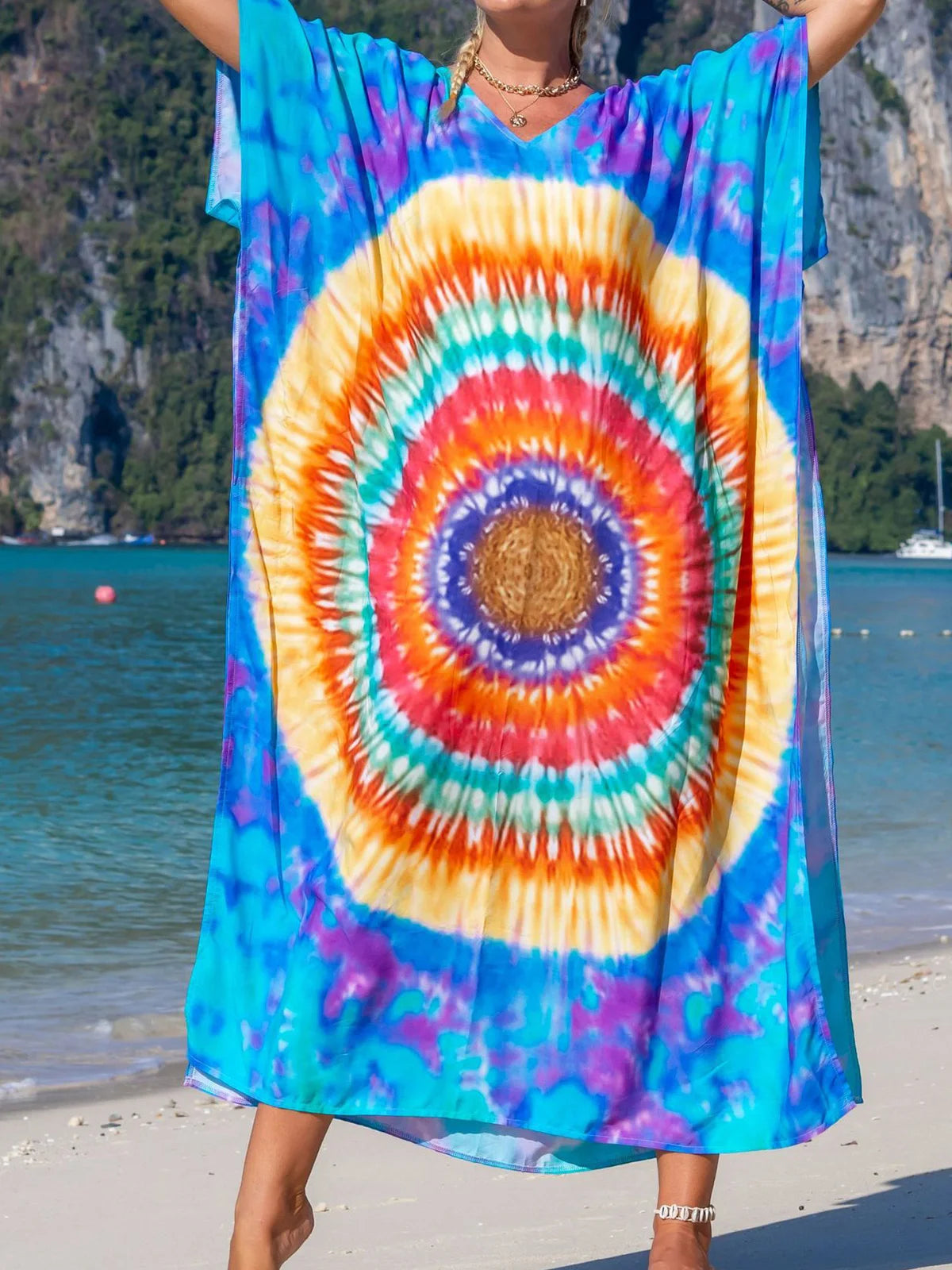 Colorful Kaftan Tunic Beach Cover Up Cover-ups Beach Dress Beach Wear Beachwear Loose Maxi Dress Female Women V4428