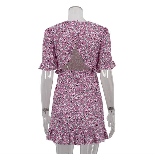 Load image into Gallery viewer, Short Ruffle Sleeve Floral Dress For Women Fashion O Neck High Waist A-line Loose Backless Sexy Mini Dress Elegant
