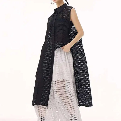 Load image into Gallery viewer, Women White Hollow Out Big Size Long Elegant Shirt Dress New Lapel Sleeveless Fashion Tide Spring Autumn 2025 1DH9424
