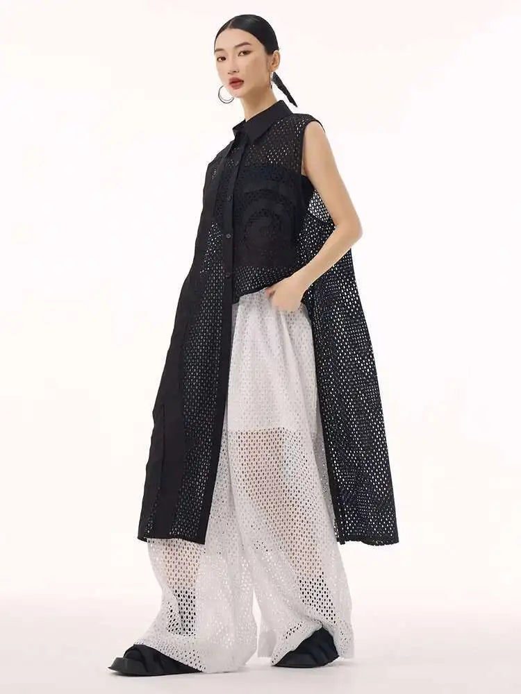 Women White Hollow Out Big Size Long Elegant Shirt Dress New Lapel Sleeveless Fashion Tide Spring Autumn 2025 1DH9424