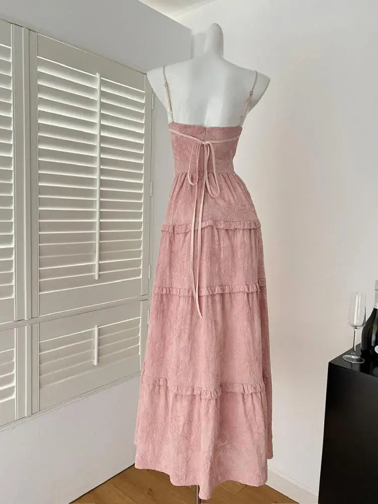 Summer French Vintage Pink Elegant Slim Backless Party Dress Women White High Waist Sleeveless Ruffle Edge Slip Long Dress Trend