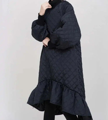 Women Black Cotton-padded Ruffles Dress New Turtleneck Long Sleeve Loose Fit Fashion Tide Autumn Winter 2025 1M9310