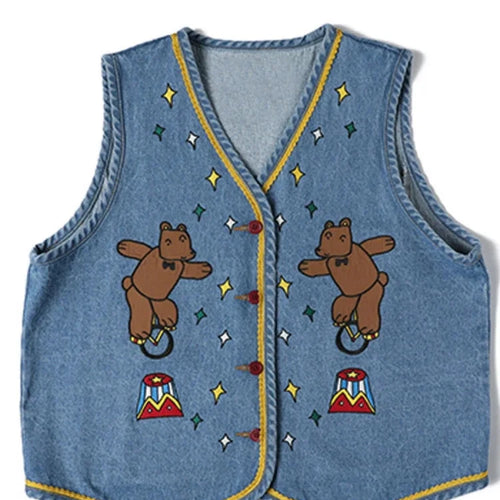 Load image into Gallery viewer, Cartoon Bear Embroidery Women Casual Denim Vests Summer V Neck Sleeveless Single-breasted Korean Ladies Kawaii Cute Top
