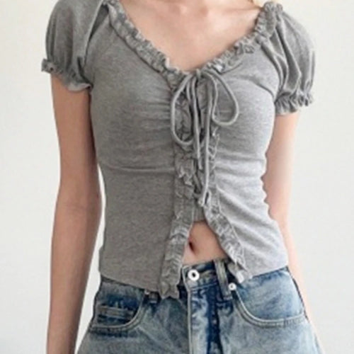 Load image into Gallery viewer, Women Y2k Aesthetic Ruffled Bandage T-shirt Summer Harajuku Fairy Vintage Slim Fit Tees Grunge Cropped Pleated Tops Streetwear
