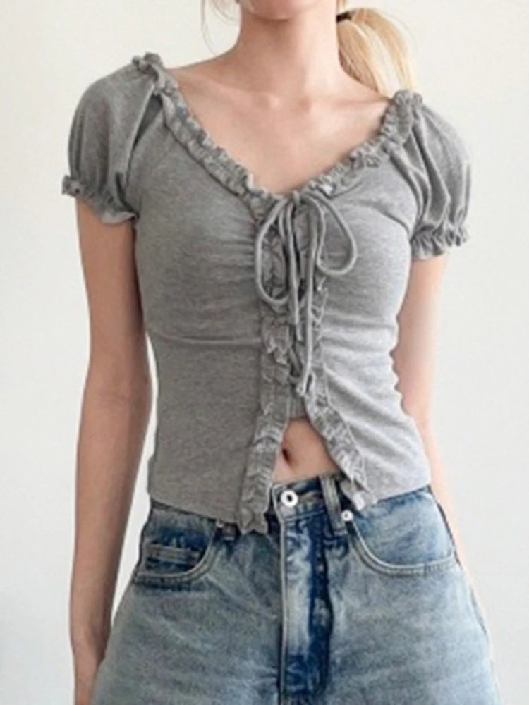 Women Y2k Aesthetic Ruffled Bandage T-shirt Summer Harajuku Fairy Vintage Slim Fit Tees Grunge Cropped Pleated Tops Streetwear