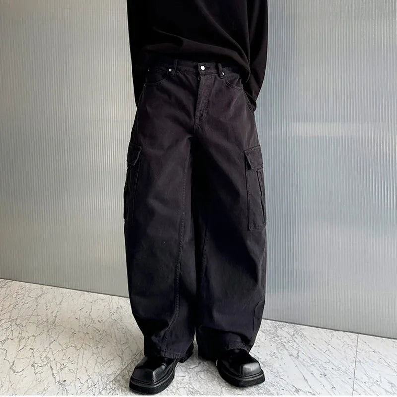 American Style Autumn Winter Men Three-dimensional Wide Leg Pants Solid Color Zipper Casual 2024 New Fashion Tide 9C9021