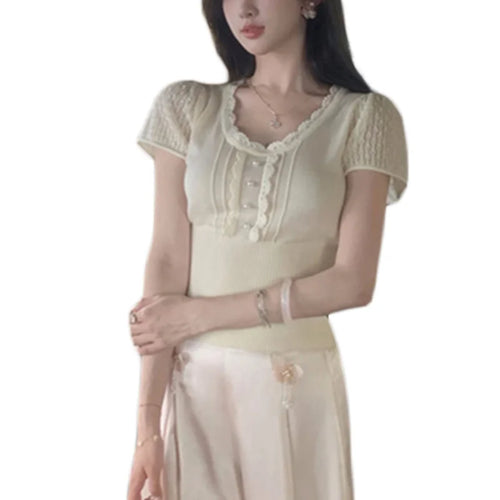 Load image into Gallery viewer, y2k Crop Tops Women Coquette Clothes Slim Fit Round Neck Short Sleeve T Shirt Fairycore Aesthetic Clothing Streetwear
