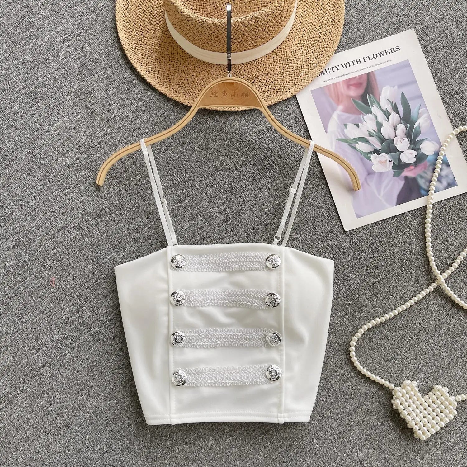 French Style Vintage Black Double Breasted Suspender Women's Summer Sexy Club Slim White Short Slip Top Fashion Versatile Simple