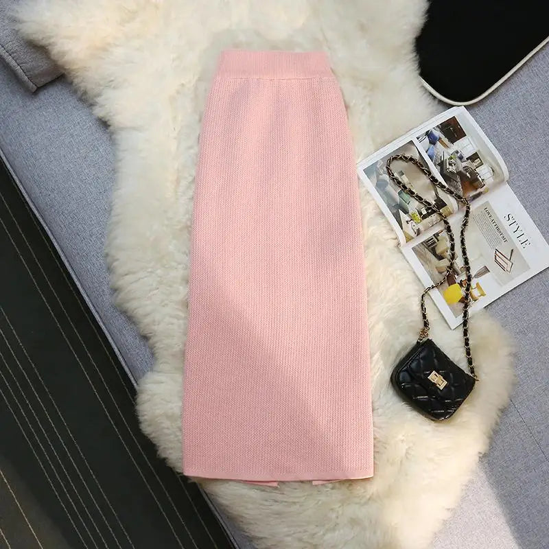 Fashion Elegant Casual Skirts Women Autumn Winter New High Waist Knitted Split Long Solid Color Skirt Keep Warm Thicken Female