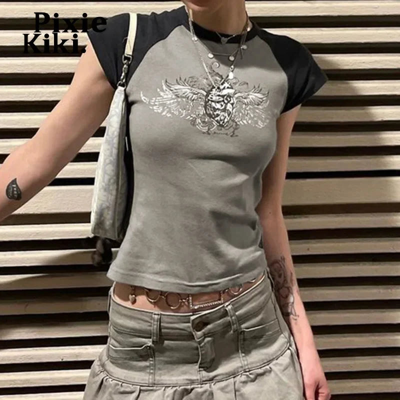 Y2k Tee Shirt Fairy Grunge Wings Print Raglan Sleeves 90s Crop Tops Graphic T Shirts Streetwear Women Vintage P77-AI10