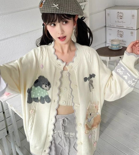 2025 Preppy Style Cartoon Embroidery Cardigans Y2k Aesthetic Women Contrast Color Patchwork Sweater Streetwear Kawaii Cute Coats