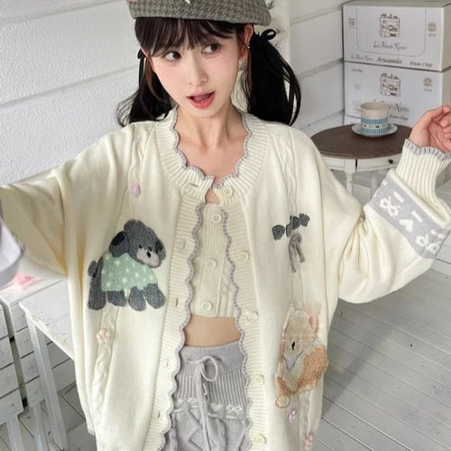Load image into Gallery viewer, 2025 Preppy Style Cartoon Embroidery Cardigans Y2k Aesthetic Women Contrast Color Patchwork Sweater Streetwear Kawaii Cute Coats
