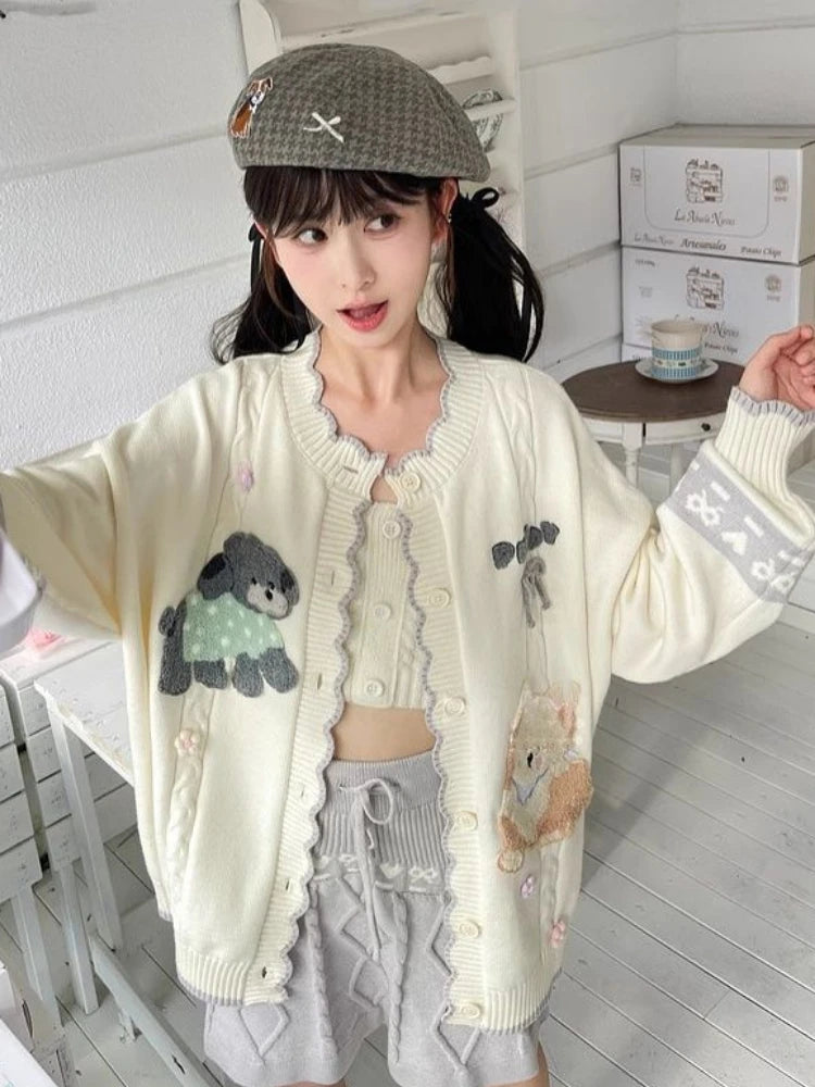 2025 Preppy Style Cartoon Embroidery Cardigans Y2k Aesthetic Women Contrast Color Patchwork Sweater Streetwear Kawaii Cute Coats
