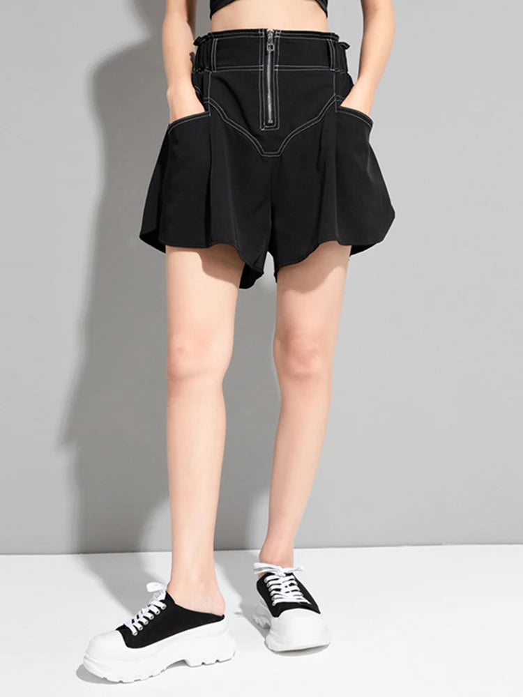 Women Black Topstitched Zipper Pocket Wide Leg Shorts New High Waist Trousers Fashion Tide Spring Summer 2025 1DJ1054