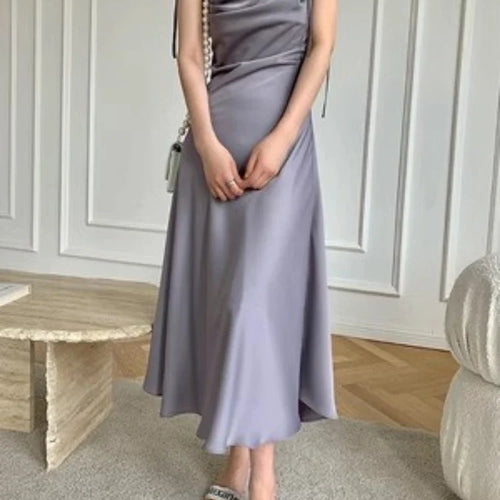 Load image into Gallery viewer, Purple Satin Slip Midi Dress Women Vintage Korean Fashion Lace-up Spaghetti Strap Elegant Party Dresses Summer
