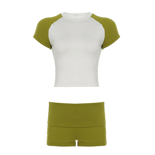 Load image into Gallery viewer, Casual Contrast Color Slimming Two Piece Sets Women Short Sleeve T-shirts+Waist Fold Micro Shorts Summer Outifits New
