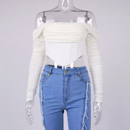 Load image into Gallery viewer, Summer Corset Top Women Y2k Tops Blue Boycon Crop Top Off The Shoulder Sexy Mesh Top Outfits Girl Party Clubwear
