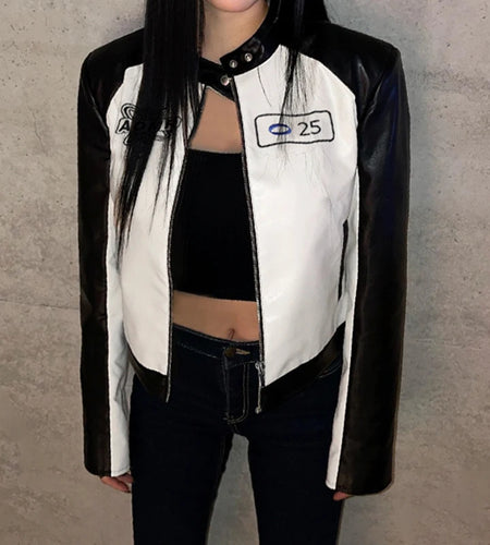 Harajuku Spliced Zip-Up Jacket PU Leather Coat Embroidery Street Moto Style Autumn Winter Jackets for Women Contrast