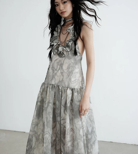 Women Gray Ruffled Backless Elegant Long Strapless Dress New Halter Sleeveless Fashion Tide Spring Autumn 2025 1DJ0014