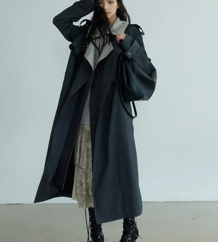 Women Gray Color-block Big Size Long Trench New Lapel Long Sleeve Windbreaker Fashion Tide Spring Autumn 2025 1DH7076