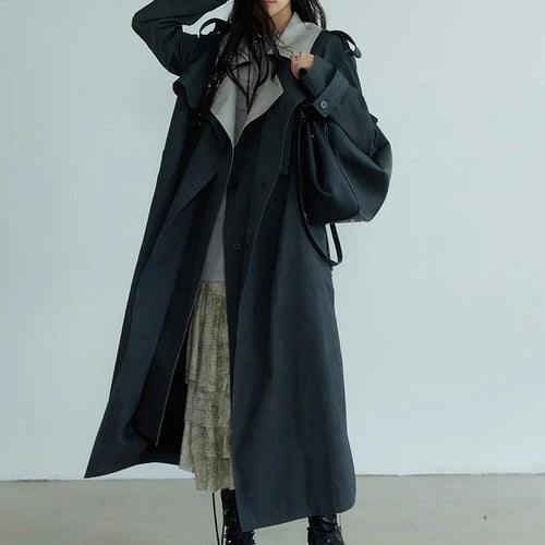 Load image into Gallery viewer, Women Gray Color-block Big Size Long Trench New Lapel Long Sleeve Windbreaker Fashion Tide Spring Autumn 2025 1DH7076
