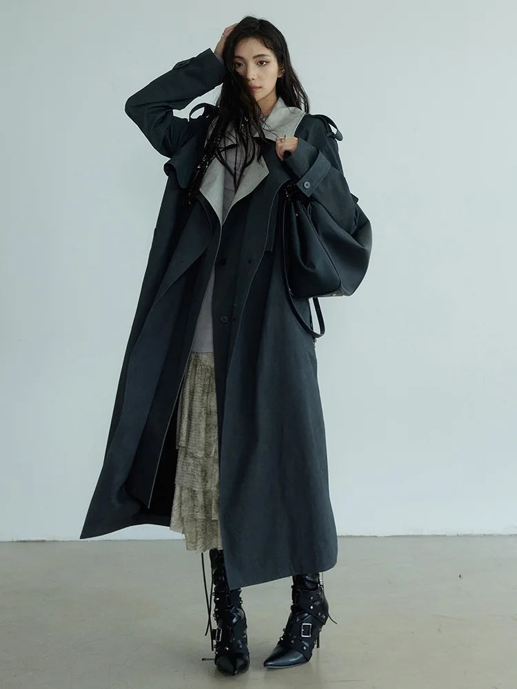 Women Gray Color-block Big Size Long Trench New Lapel Long Sleeve Windbreaker Fashion Tide Spring Autumn 2025 1DH7076