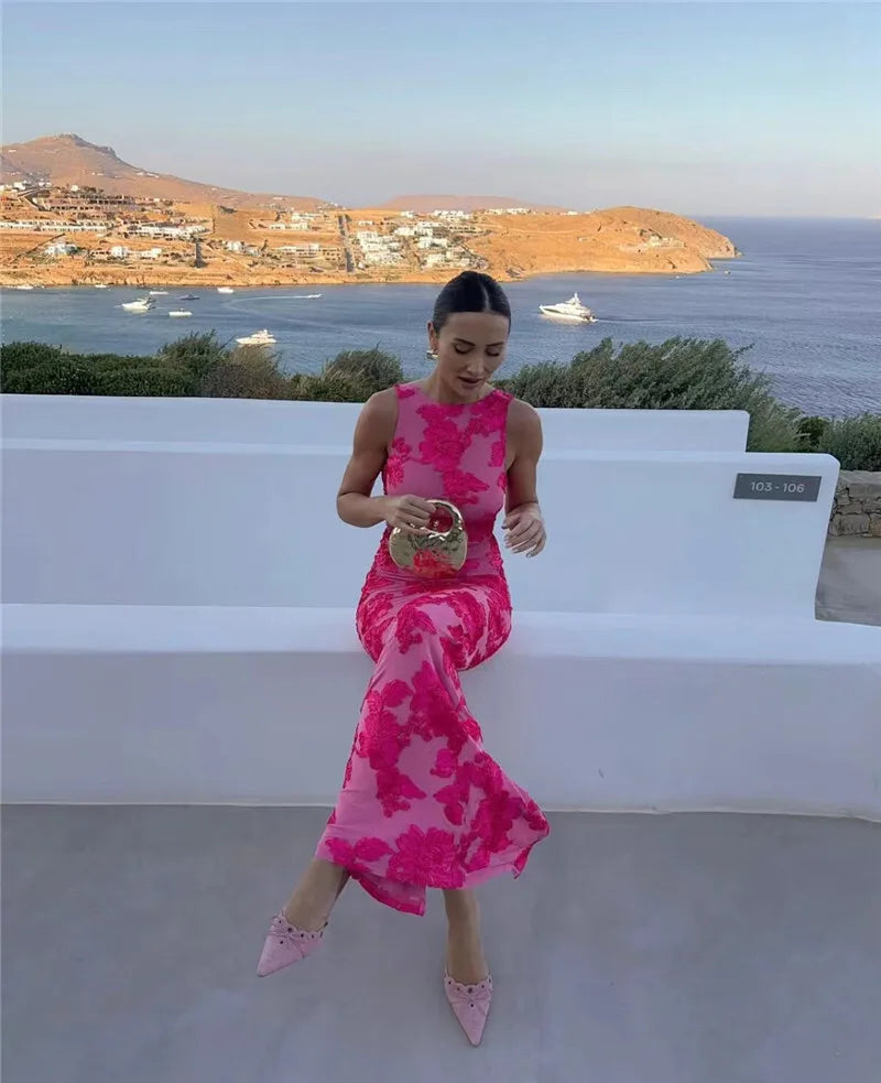 Elegant Floral Print Sexy Maxi Dress For Women Embroidered Applique Tank Dress Femme Bodycon Club Party Long Dress