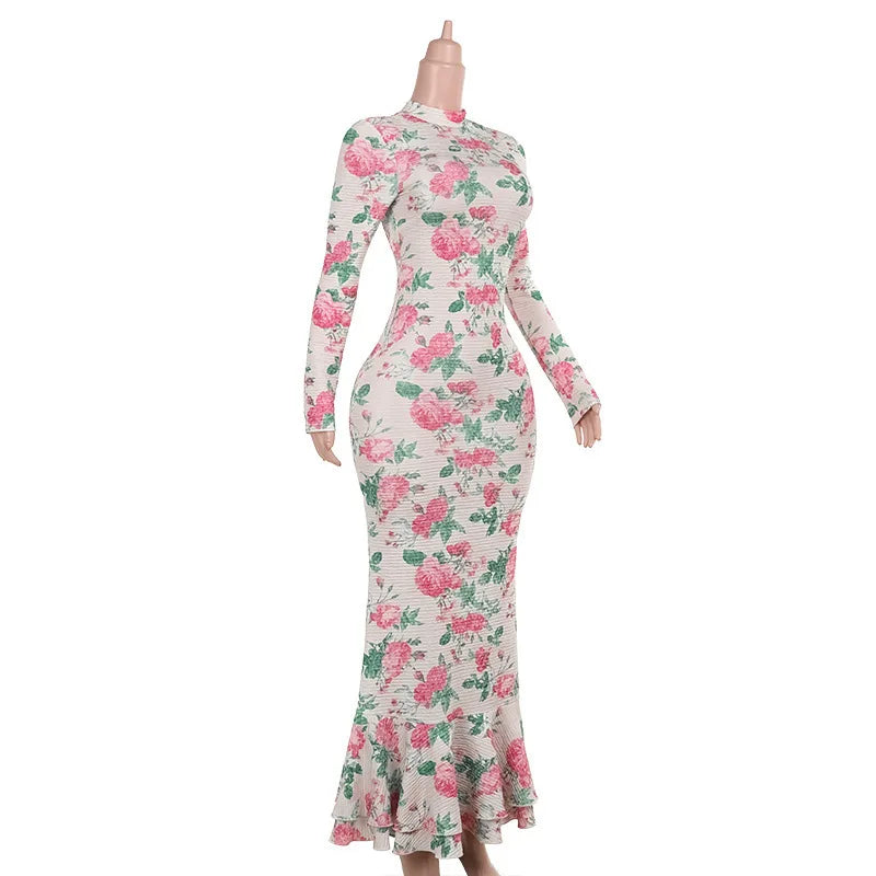 Bodycon Long Sleeve Half High Collar Print Zipper Elegant Maxi Dress Women Slim High Waist Sexy Dress Ladies Outfits