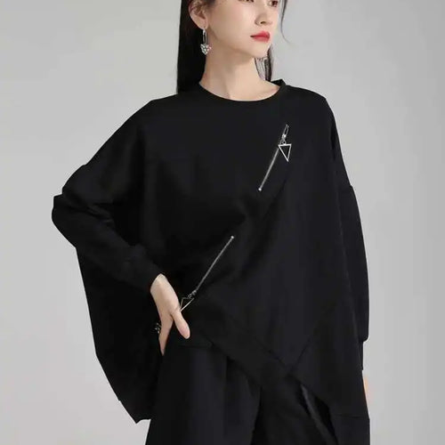 Load image into Gallery viewer, Black Irregular Hem Zipper Sweatshirt New Round Neck Long Sleeve Women Big Size Fashion Tide Spring Autumn 2025 1DH4308
