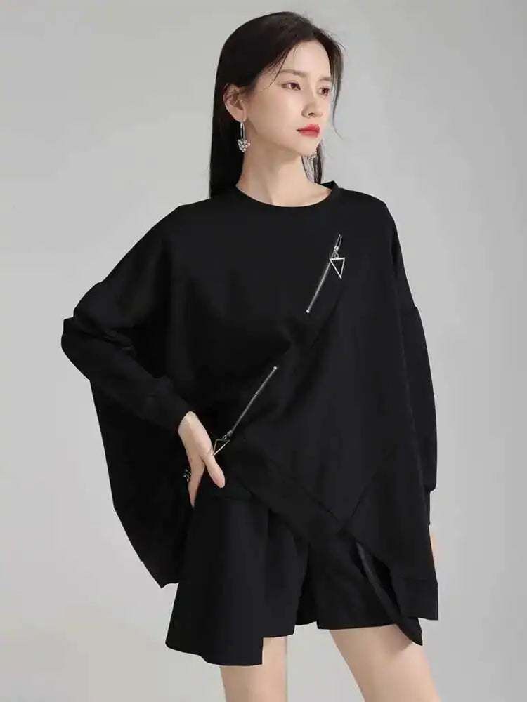 Black Irregular Hem Zipper Sweatshirt New Round Neck Long Sleeve Women Big Size Fashion Tide Spring Autumn 2025 1DH4308