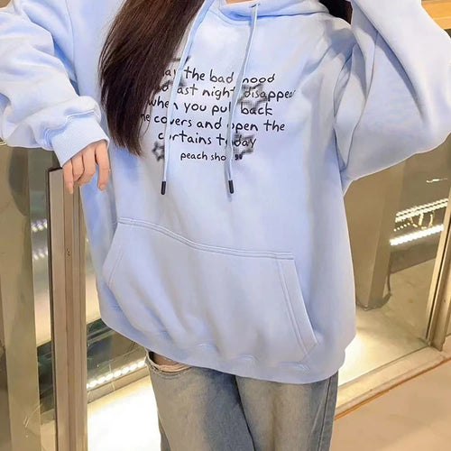 Load image into Gallery viewer, Sky Blue Hooded Drawstring Chic Letter Print Women Hoodies Winter Solid Color Street Simple Casual Fashion Female Hoodies
