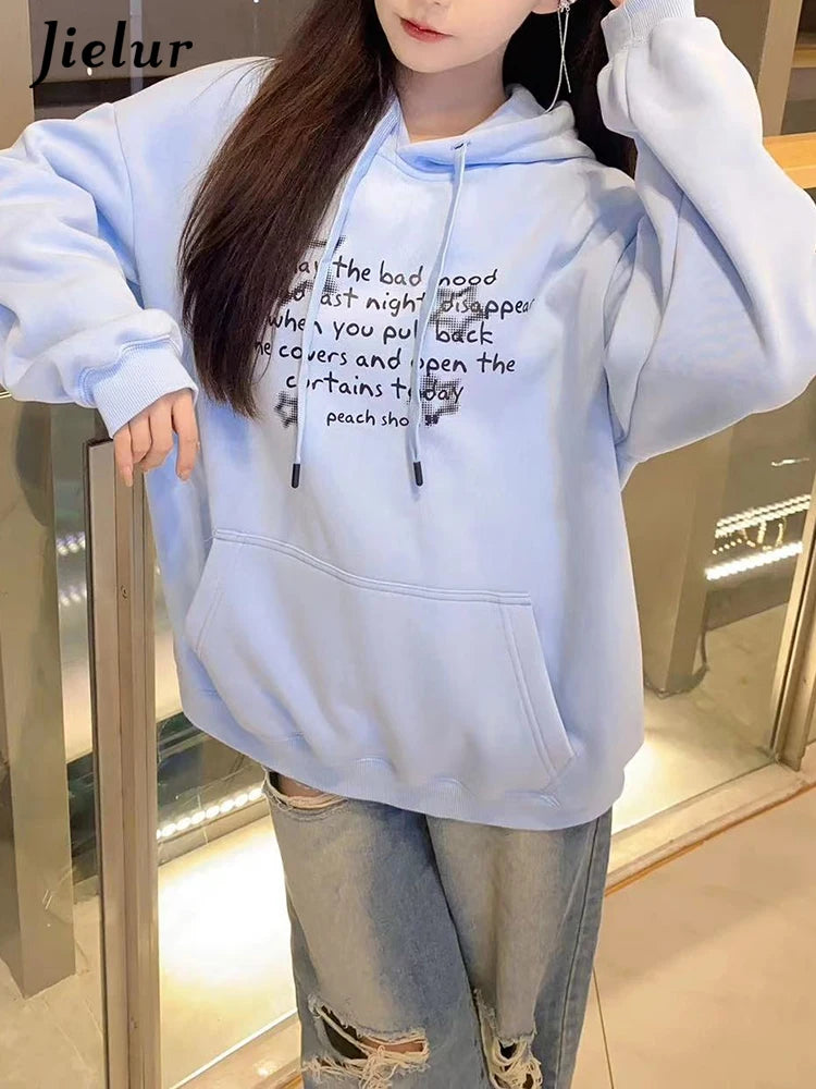 Sky Blue Hooded Drawstring Chic Letter Print Women Hoodies Winter Solid Color Street Simple Casual Fashion Female Hoodies