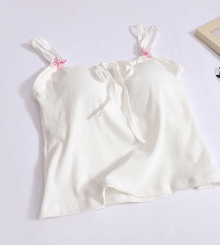 Korean Summer Sweet White Elegant Sleeveless Lace-up Slip Vest Women 2024 Fashion Vacation Yellow Bow Backless Tops Clothing New