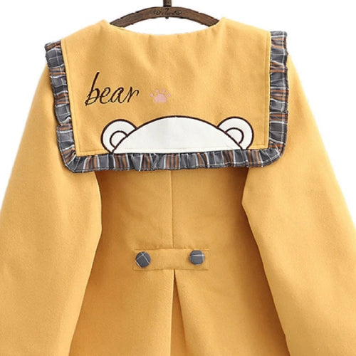 Load image into Gallery viewer, Women Jackets Cartoon Bear Embroidery Single Breasted Coat Autumn Winter Flare Sleeve Sailor Collar Sweet Style Outwears
