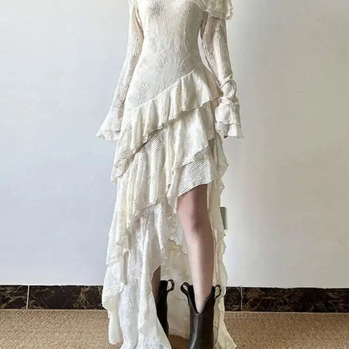 Load image into Gallery viewer, Women Apricot Ruffles Irregular Slim Elegant Long Dress New Diagonal Collar Long Sleeve Fashion Spring Autumn 2025 1DJ0523
