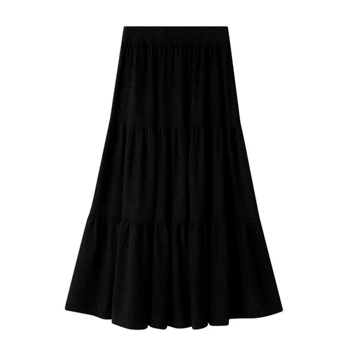 Load image into Gallery viewer, Vintage Women Solid High Waist Versatile Pleated A-line Long Skirts 2024 Autumn Winter French Sweet Cake Knit Skirt Streetwear
