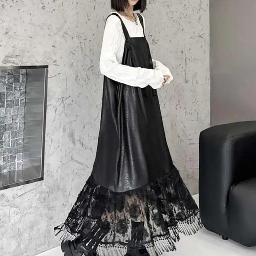 Load image into Gallery viewer, Women Black Pu Leather Hem Lace Big Size Strap Dress New Square Collar Sleeveless Fashion Tide Spring Autumn 2025 1DH7279
