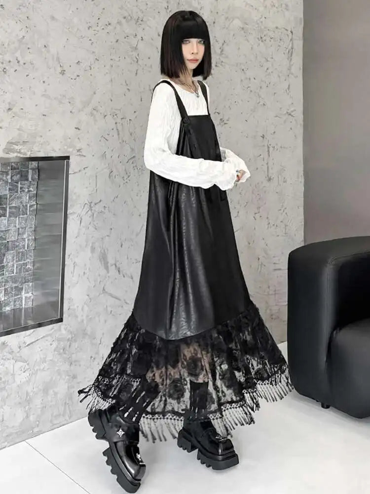 Women Black Pu Leather Hem Lace Big Size Strap Dress New Square Collar Sleeveless Fashion Tide Spring Autumn 2025 1DH7279