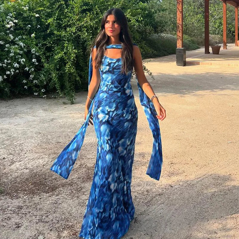 Halter Backless Print Sexy Maxi Dress For Women Gown Elegant Blue Printed Lace-up Sleeveless Evening Long Dress
