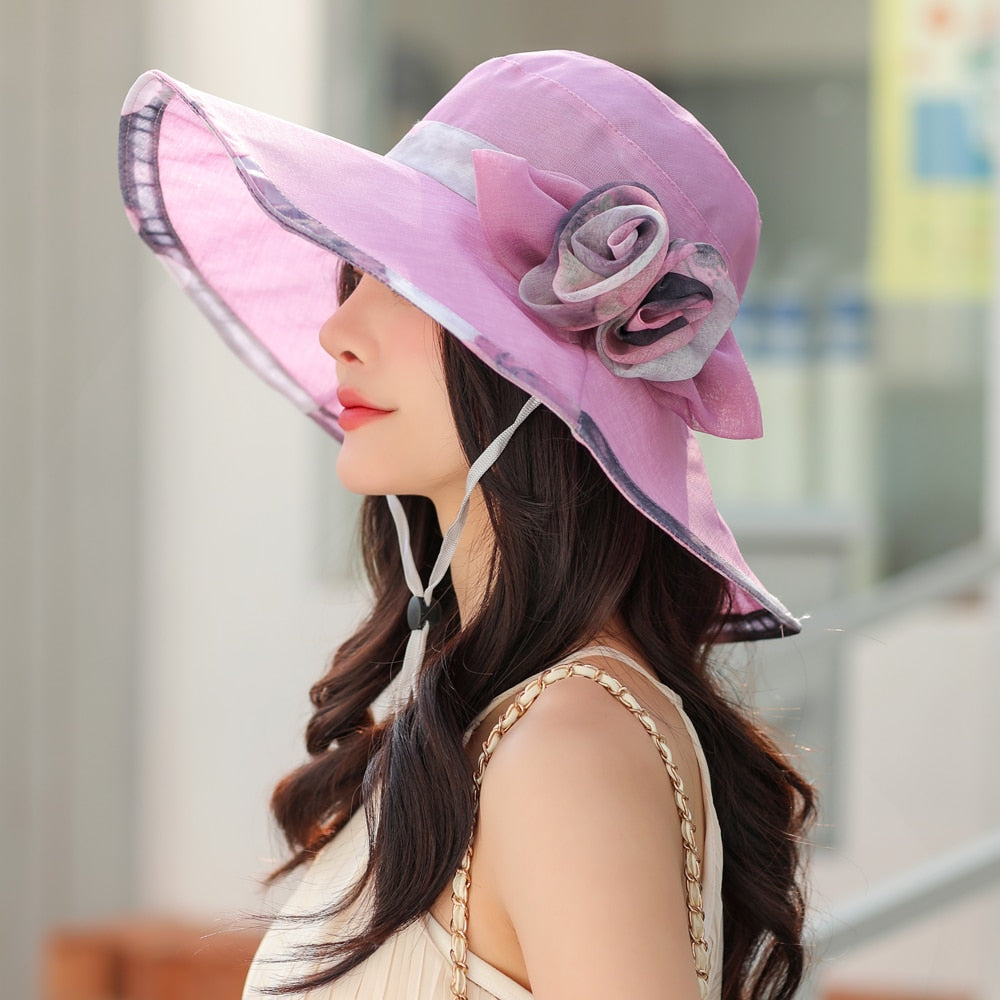 Women Summer Sun Hats Fashion Bow Flower Design Beach Hat Women Outdoor Anti-UV Travel Cap