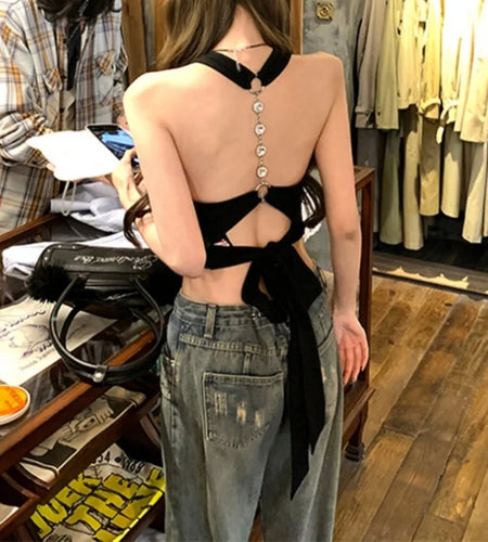 Summer Tank Tops y2k Women Solid Color Square Neck Metal Decor Chain Sleeveless Backless T Shirts Vest 2000s Clothing