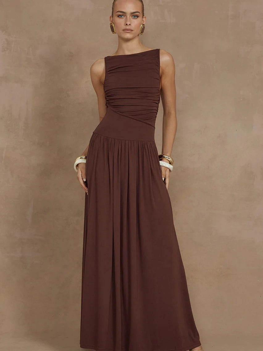 Elegant Sleeveless Round Neck Bodycon Long Dress For Women Folded Slimming Party Evening Dress Female Tight Vestido 2024